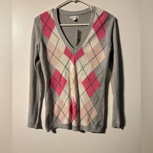 New York & Company Argyle V-Neck Sweater Gray Pink XS NWT
(692)